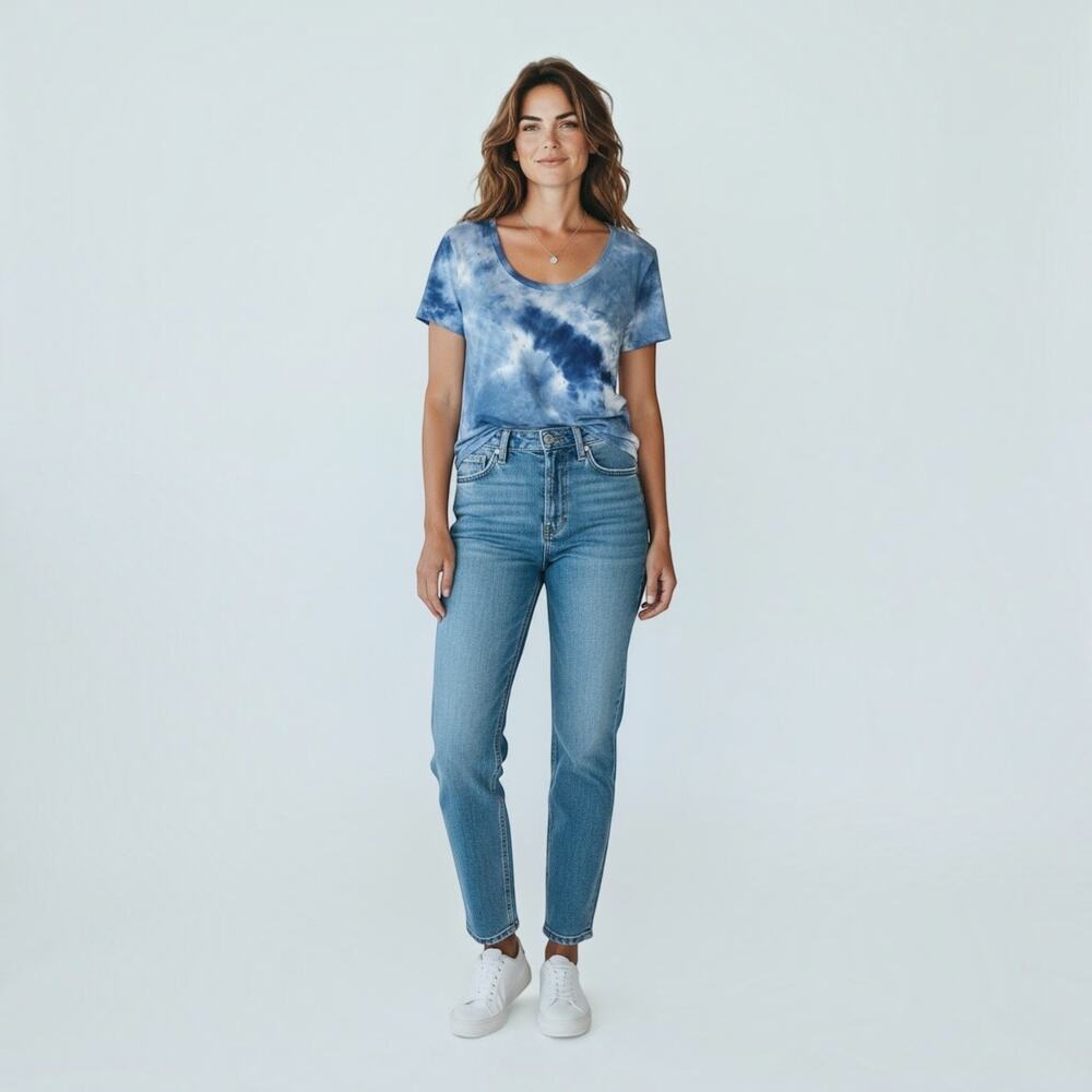 Blue Tie Dye Scoop Neck Tee Soft Stretch Casual Boho Women’s Small